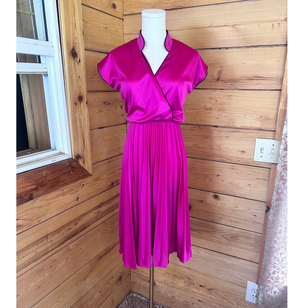 Vintage Magenta Satin Dress Medium Hot Pink Pleated Midi Joyce Palmer Asian Y2K